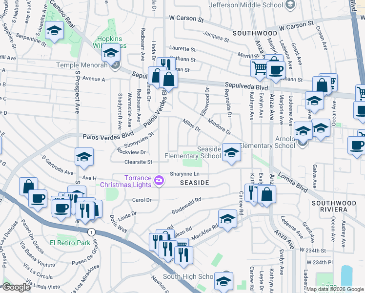 map of restaurants, bars, coffee shops, grocery stores, and more near 22702 Draille Drive in Torrance