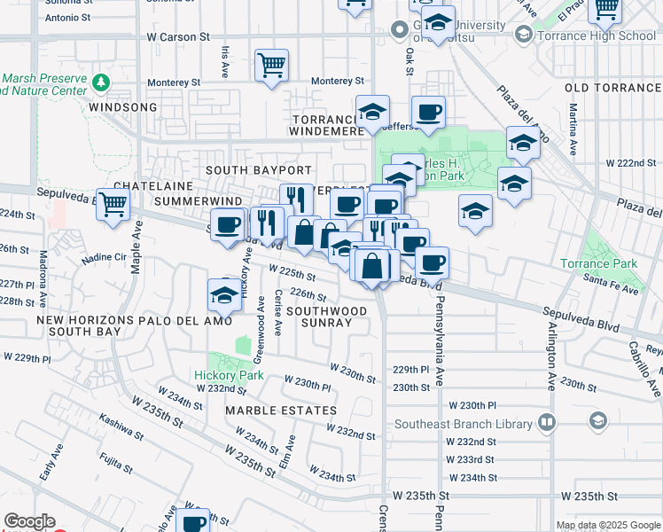 map of restaurants, bars, coffee shops, grocery stores, and more near 2606 Sepulveda Boulevard in Torrance