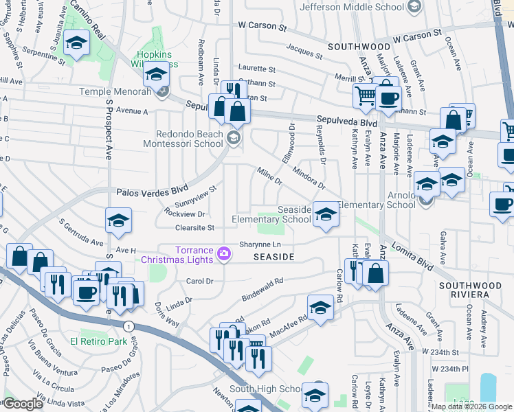 map of restaurants, bars, coffee shops, grocery stores, and more near 4922 Reynolds Road in Torrance