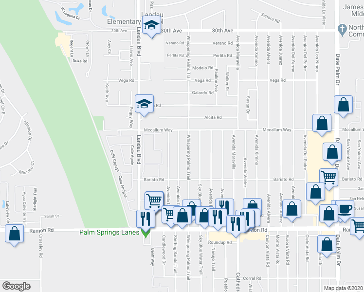 map of restaurants, bars, coffee shops, grocery stores, and more near 31160 Avenida La Gaviota in Cathedral City
