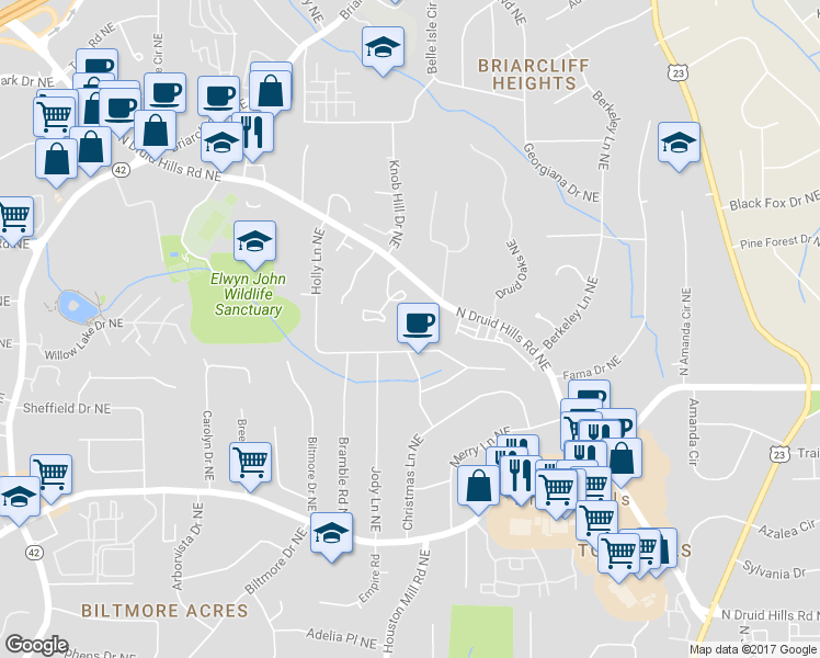 map of restaurants, bars, coffee shops, grocery stores, and more near 1338 North Crossing Drive in Atlanta