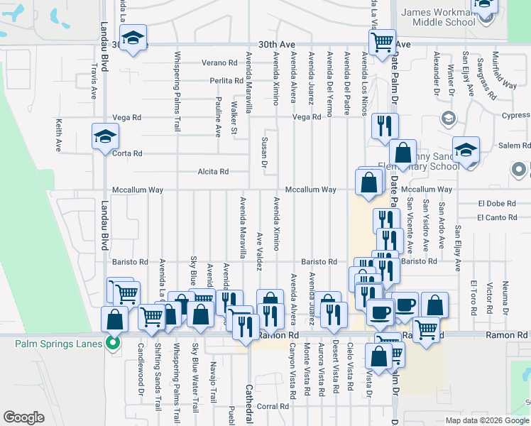 map of restaurants, bars, coffee shops, grocery stores, and more near 31180 Avenue Valdez in Cathedral City