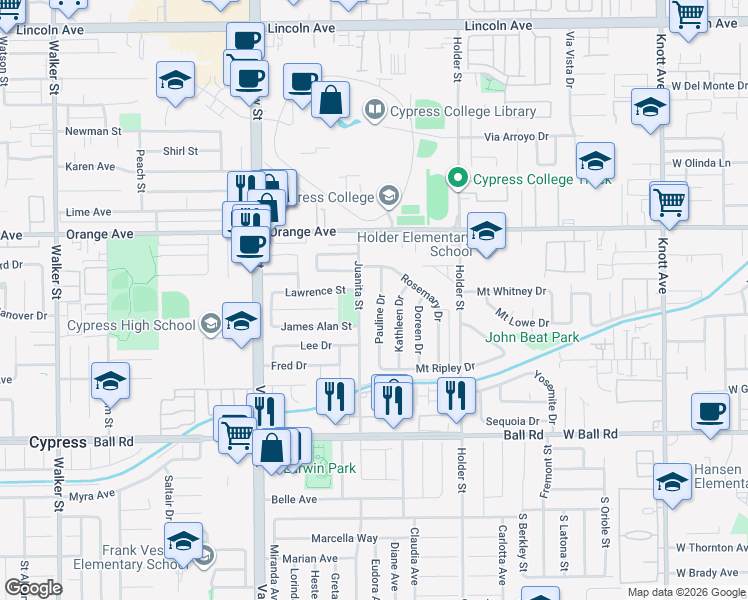 map of restaurants, bars, coffee shops, grocery stores, and more near 9669 Pauline Drive in Cypress