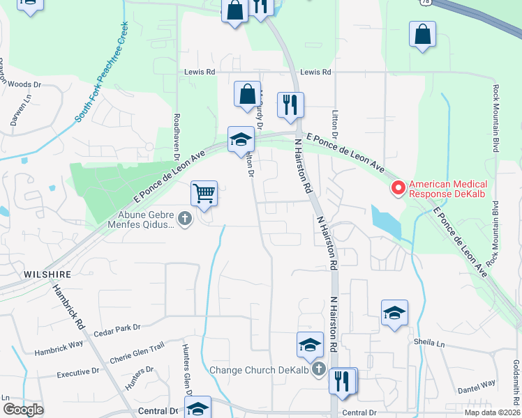 map of restaurants, bars, coffee shops, grocery stores, and more near 1416 Stonegate Court in Stone Mountain