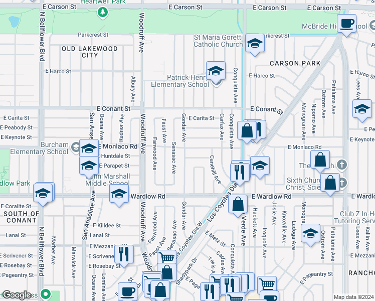 map of restaurants, bars, coffee shops, grocery stores, and more near 6102 East Monlaco Road in Long Beach