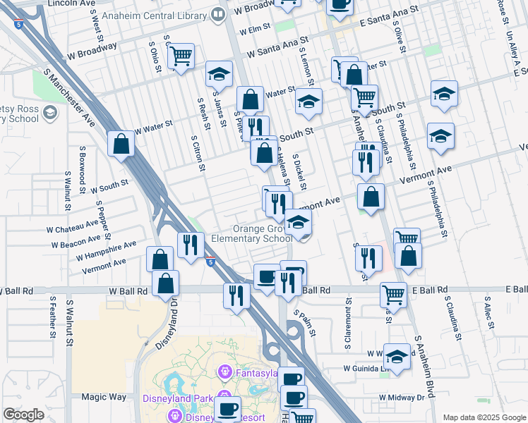 map of restaurants, bars, coffee shops, grocery stores, and more near 522 West Hampshire Avenue in Anaheim