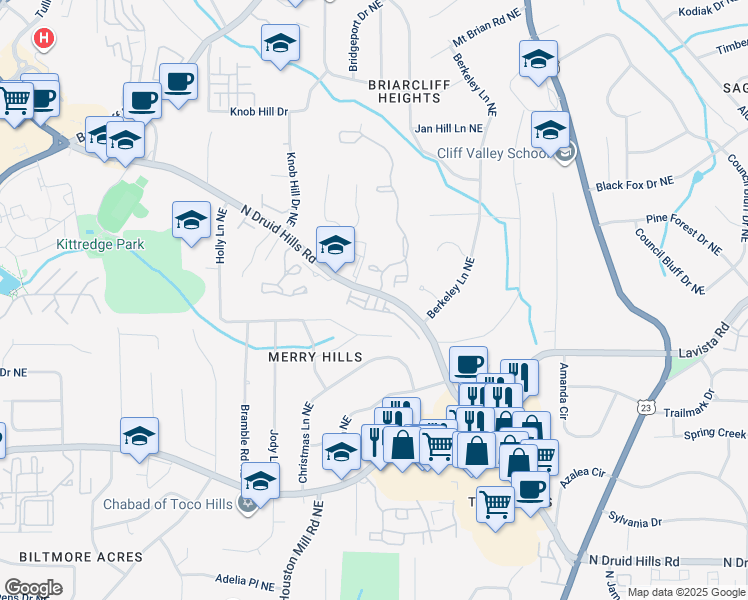 map of restaurants, bars, coffee shops, grocery stores, and more near 1440 Druid Manor Boulevard in Atlanta