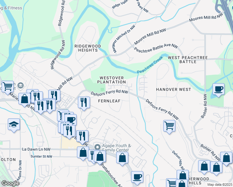 map of restaurants, bars, coffee shops, grocery stores, and more near 2580 Defoors Ferry Road Northwest in Atlanta