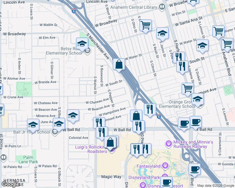 map of restaurants, bars, coffee shops, grocery stores, and more near 1139 W Chateau Ave in Anaheim