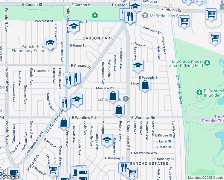 map of restaurants, bars, coffee shops, grocery stores, and more near 6734 East Monlaco Road in Long Beach