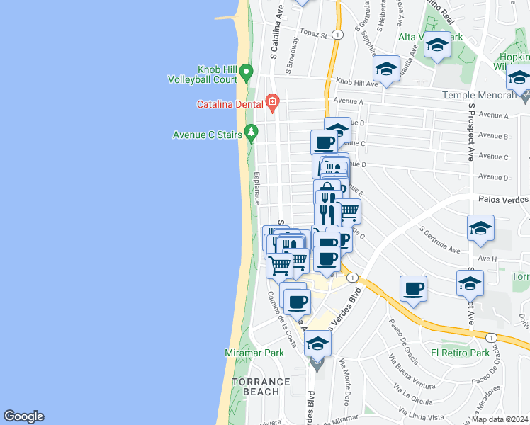 map of restaurants, bars, coffee shops, grocery stores, and more near 1402 Esplanade in Redondo Beach