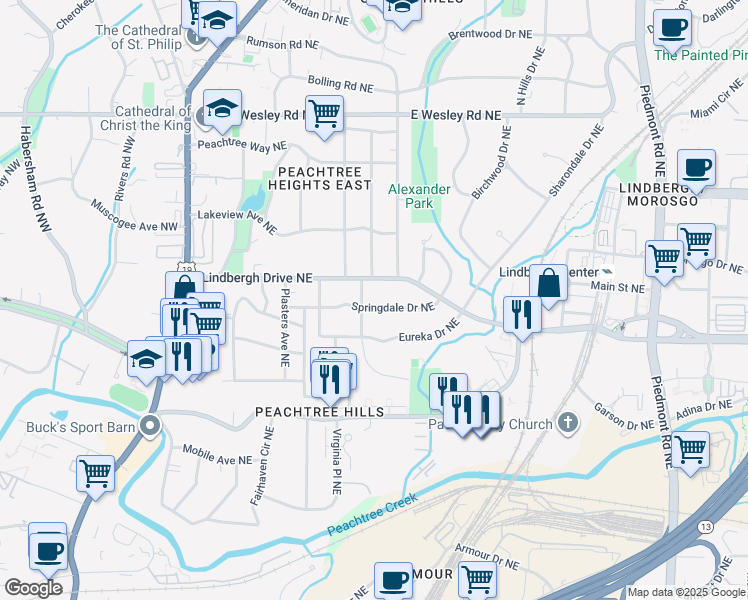 map of restaurants, bars, coffee shops, grocery stores, and more near 244 Springdale Drive Northeast in Atlanta