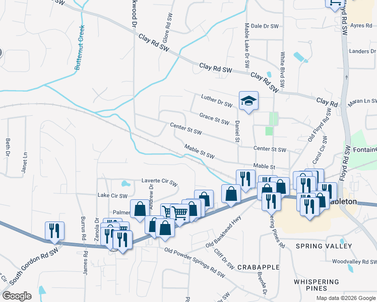 map of restaurants, bars, coffee shops, grocery stores, and more near 1195 Mable Street Southwest in Mableton
