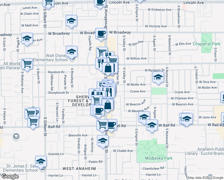 map of restaurants, bars, coffee shops, grocery stores, and more near 710 South Brookhurst Street in Anaheim