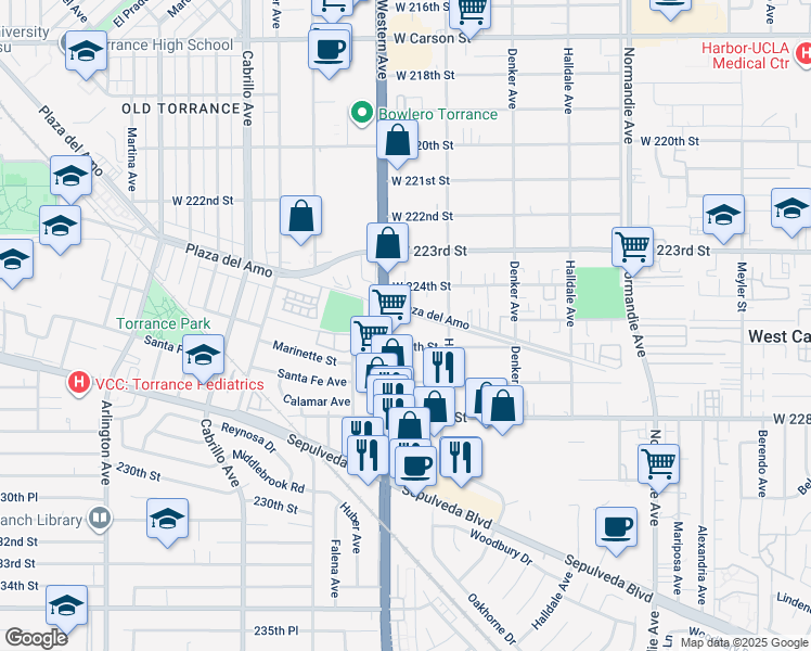 map of restaurants, bars, coffee shops, grocery stores, and more near 1646 Plaza del Amo in Torrance