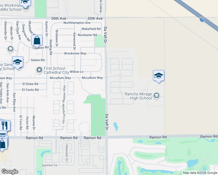 map of restaurants, bars, coffee shops, grocery stores, and more near 153 Via Siena in Rancho Mirage
