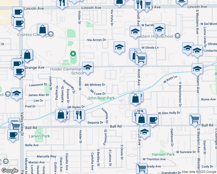 map of restaurants, bars, coffee shops, grocery stores, and more near 6746 Mount Whitney Drive in Buena Park