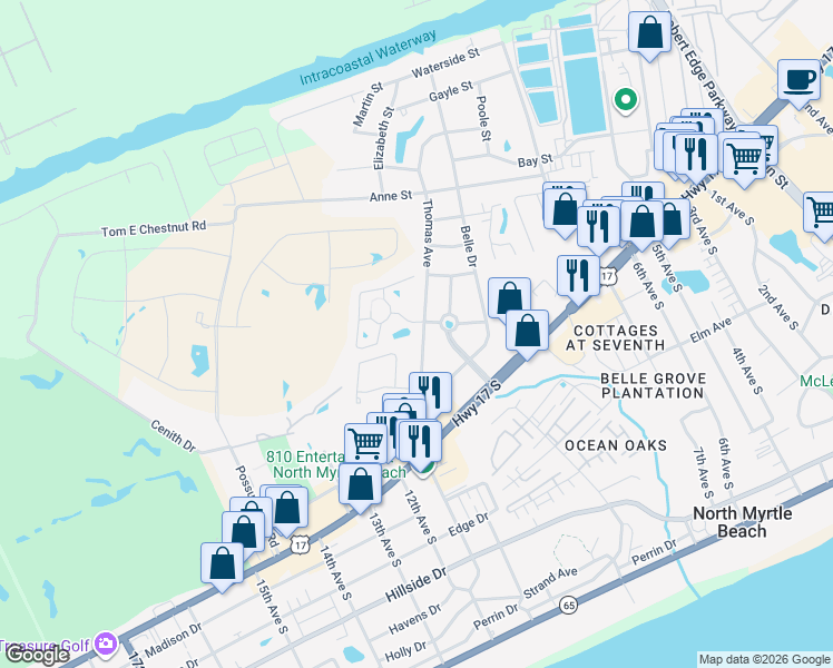 map of restaurants, bars, coffee shops, grocery stores, and more near 913 Thomas Avenue in North Myrtle Beach