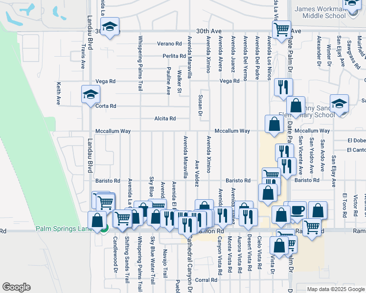 map of restaurants, bars, coffee shops, grocery stores, and more near 31165 Avenida Maravilla in Cathedral City