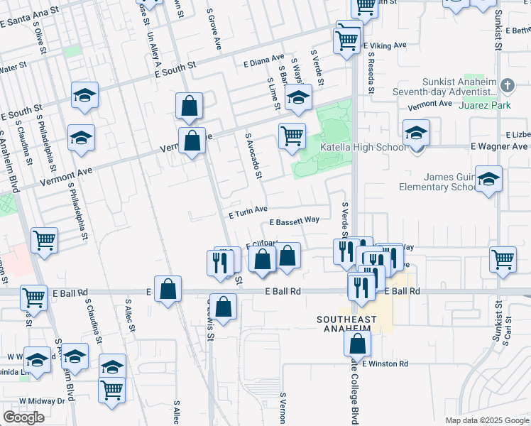 map of restaurants, bars, coffee shops, grocery stores, and more near 1260 East Turin Avenue in Anaheim