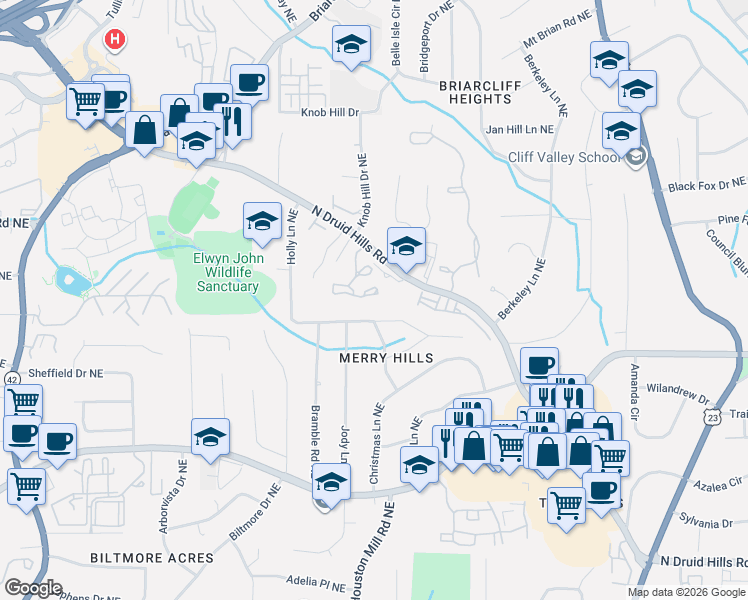 map of restaurants, bars, coffee shops, grocery stores, and more near 1338 North Crossing Drive in Atlanta