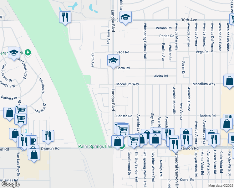 map of restaurants, bars, coffee shops, grocery stores, and more near 31200 Landau Boulevard in Cathedral City