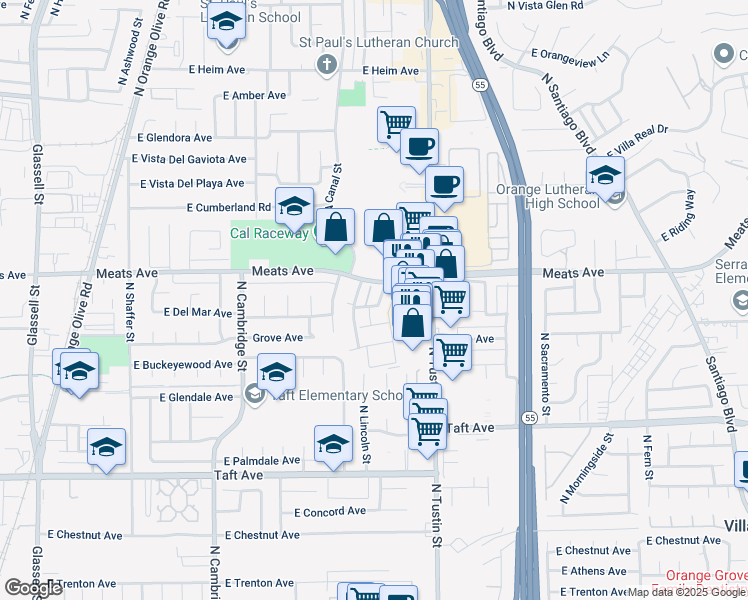 map of restaurants, bars, coffee shops, grocery stores, and more near 2076 North Nordic Street in Orange