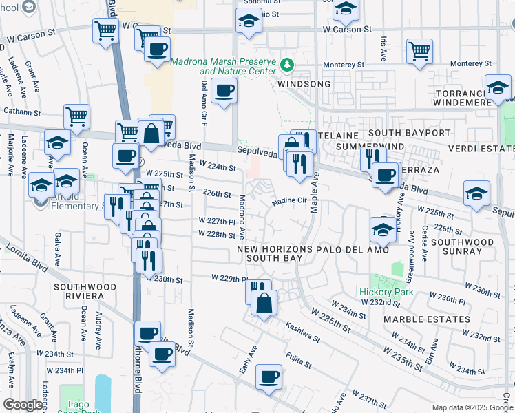map of restaurants, bars, coffee shops, grocery stores, and more near 224 Madrona Avenue in Torrance