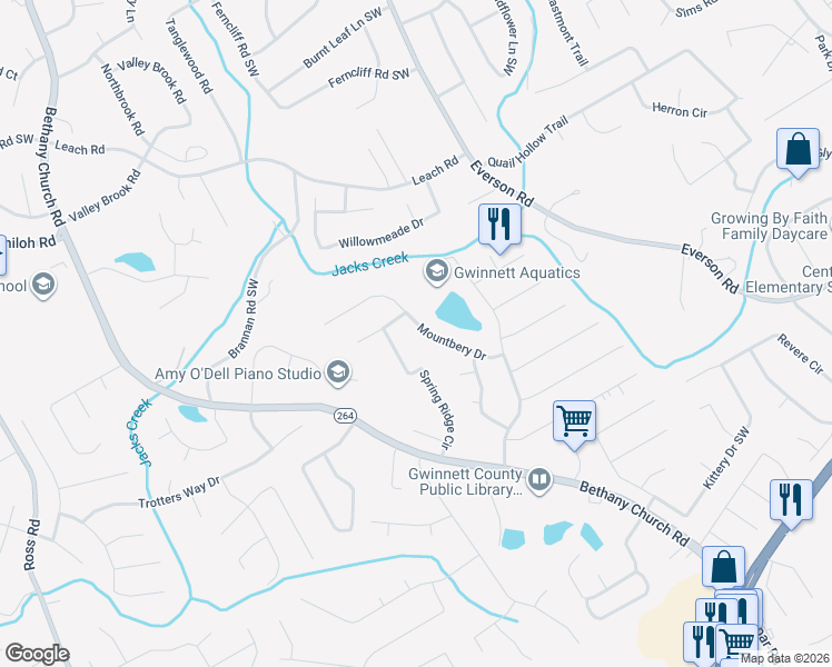map of restaurants, bars, coffee shops, grocery stores, and more near 2827 Mountbery Drive in Snellville