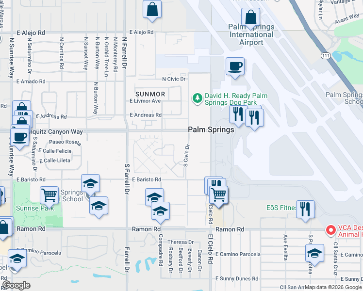 map of restaurants, bars, coffee shops, grocery stores, and more near 189 South Civic Drive in Palm Springs