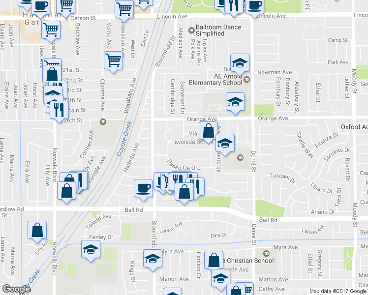map of restaurants, bars, coffee shops, grocery stores, and more near 4143 Avenida Madrid in Cypress