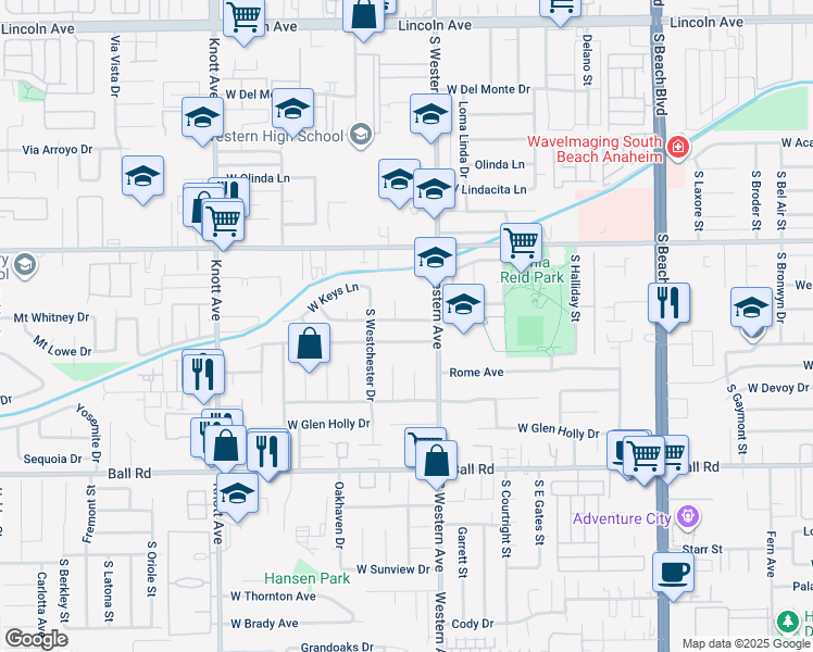 map of restaurants, bars, coffee shops, grocery stores, and more near 3224 Stonybrook Drive in Anaheim