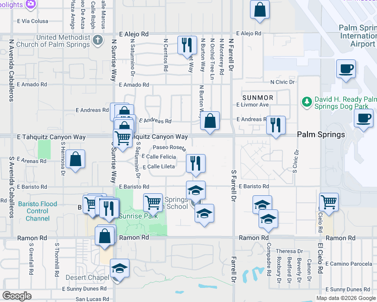 map of restaurants, bars, coffee shops, grocery stores, and more near 2246 Paseo Roseta in Palm Springs