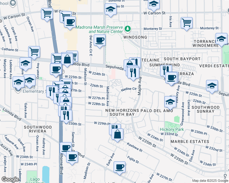 map of restaurants, bars, coffee shops, grocery stores, and more near 22627 Nadine Circle in Torrance