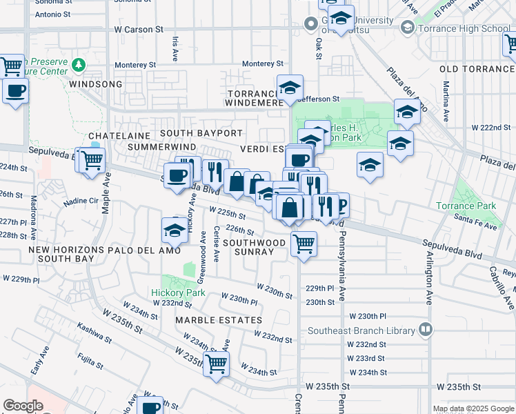 map of restaurants, bars, coffee shops, grocery stores, and more near 2606 Sepulveda Boulevard in Torrance