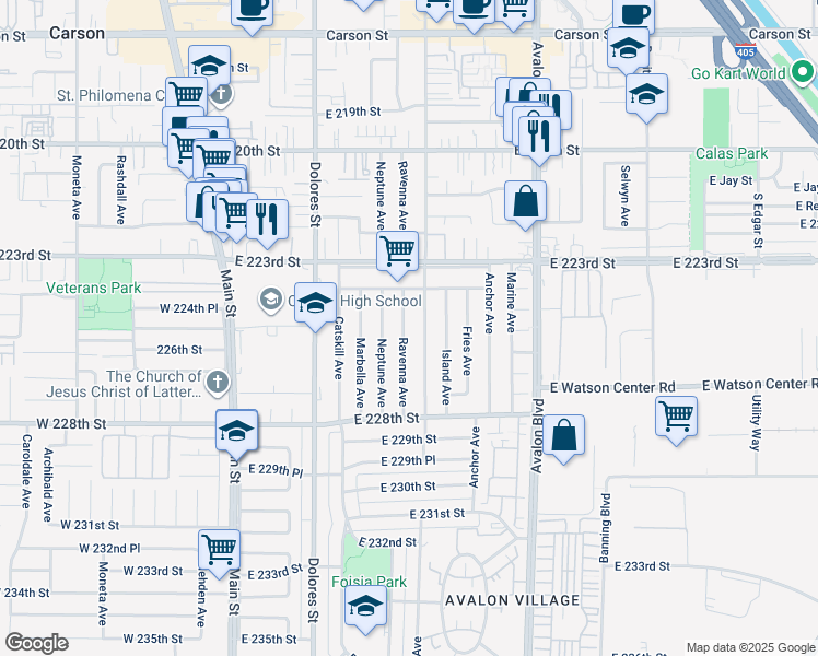 map of restaurants, bars, coffee shops, grocery stores, and more near 22508 Ravenna Avenue in Carson