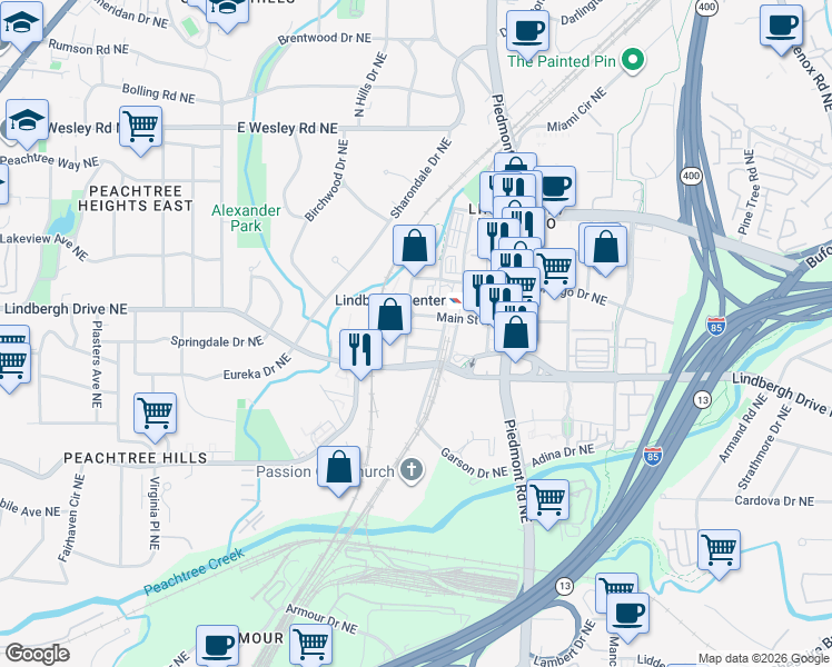 map of restaurants, bars, coffee shops, grocery stores, and more near 2415 Camellia Lane Northeast in Atlanta
