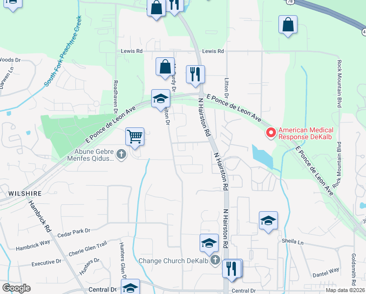 map of restaurants, bars, coffee shops, grocery stores, and more near 1416 Stonegate Court in Stone Mountain