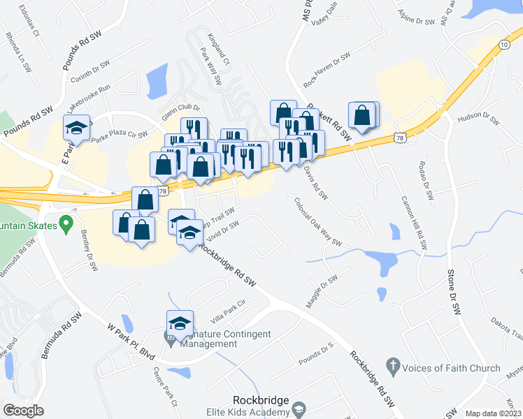 map of restaurants, bars, coffee shops, grocery stores, and more near 5181 Vivid Drive in Stone Mountain