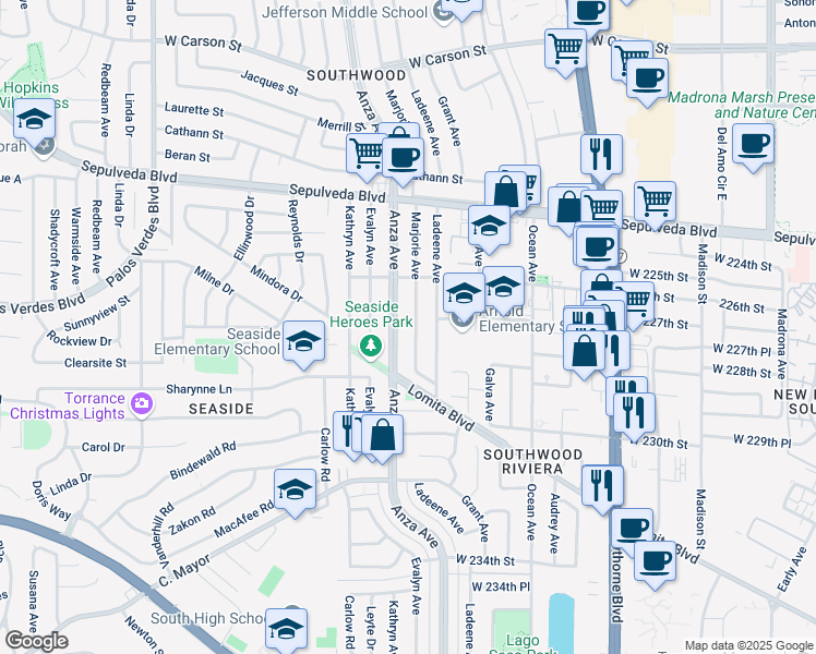 map of restaurants, bars, coffee shops, grocery stores, and more near 22715 Marjorie Avenue in Torrance