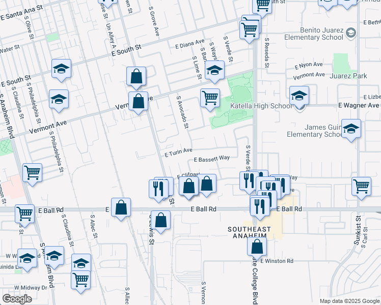 map of restaurants, bars, coffee shops, grocery stores, and more near 1260 East Turin Avenue in Anaheim