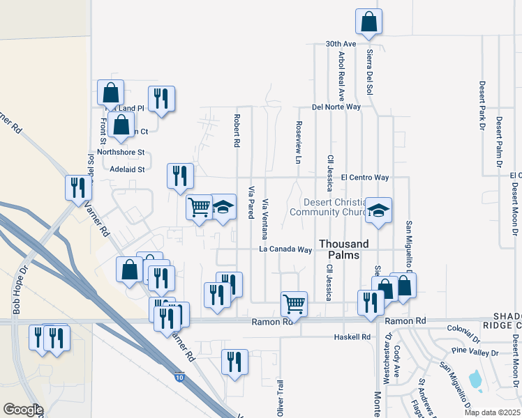 map of restaurants, bars, coffee shops, grocery stores, and more near 31243 Vía Ventana in Thousand Palms