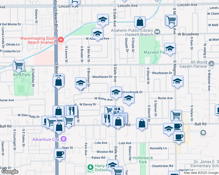 map of restaurants, bars, coffee shops, grocery stores, and more near 722 South Newcastle Drive in Anaheim