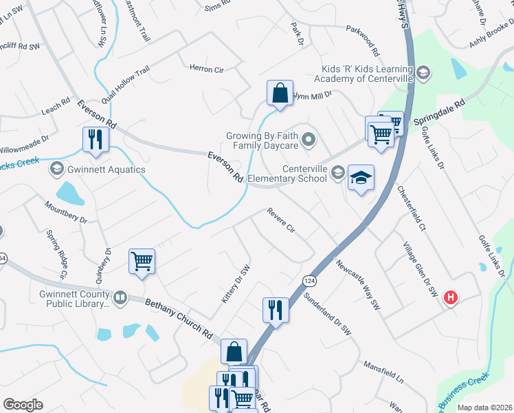 map of restaurants, bars, coffee shops, grocery stores, and more near 3385 Revere Circle in Snellville