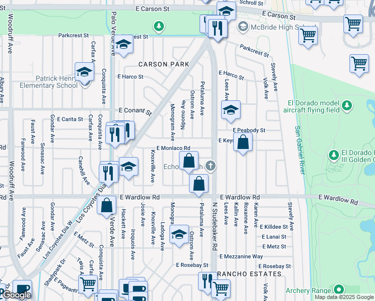map of restaurants, bars, coffee shops, grocery stores, and more near 6734 East Monlaco Road in Long Beach