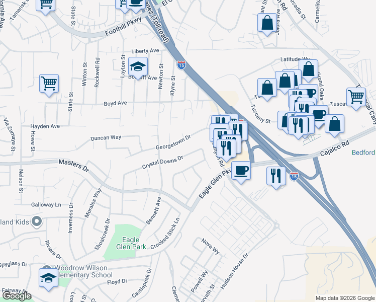 map of restaurants, bars, coffee shops, grocery stores, and more near 2095 Crystal Downs Drive in Corona