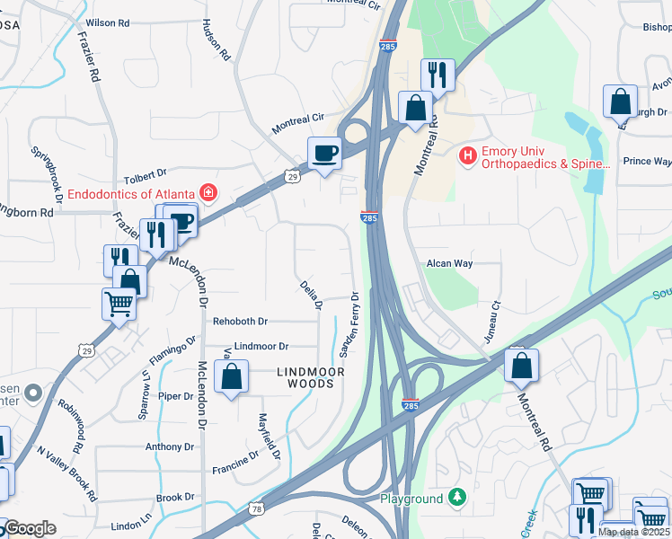 map of restaurants, bars, coffee shops, grocery stores, and more near 3300 Old Mill Court in Decatur