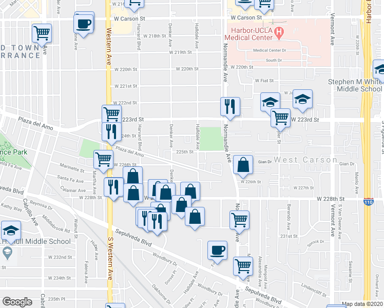 map of restaurants, bars, coffee shops, grocery stores, and more near 1414 225th Street in Torrance