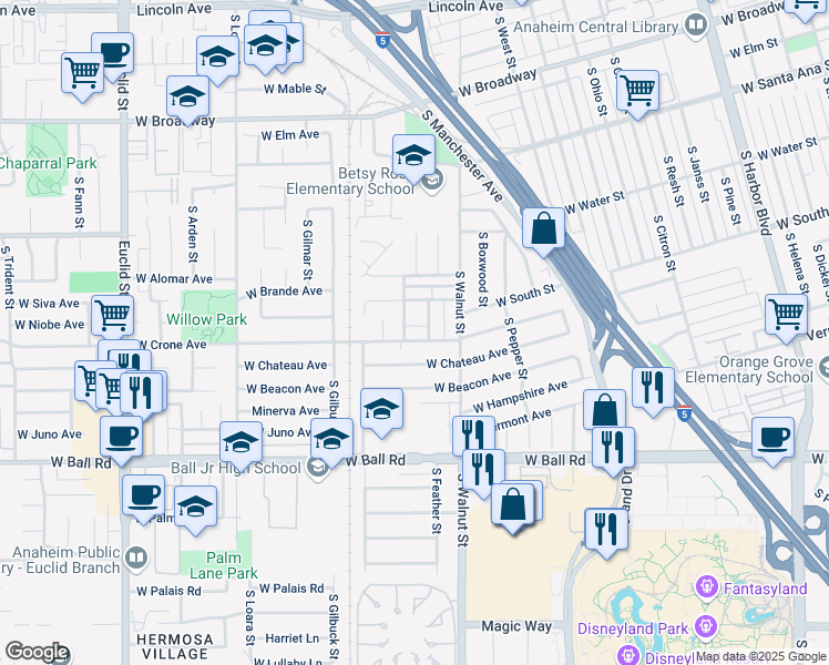 map of restaurants, bars, coffee shops, grocery stores, and more near 1307 West Crone Avenue in Anaheim