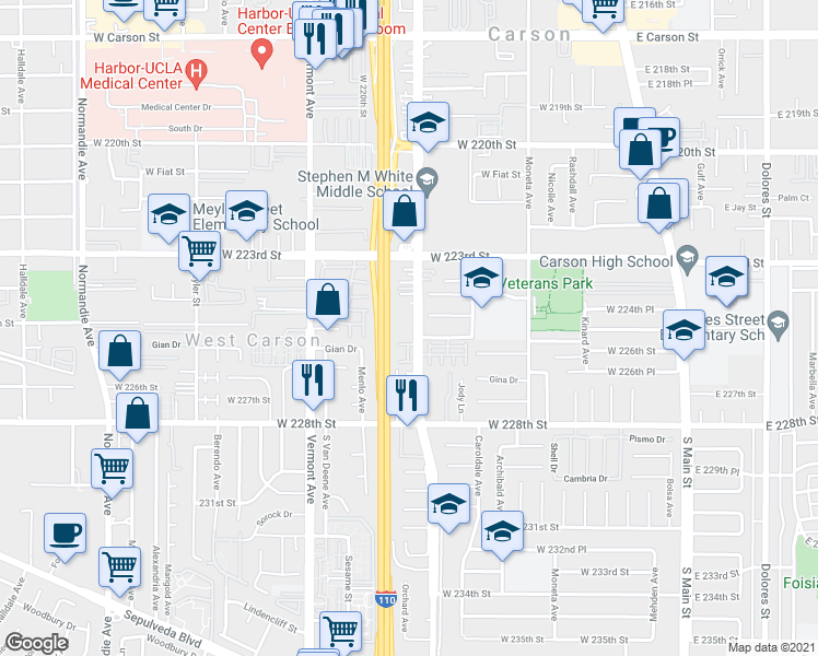 map of restaurants, bars, coffee shops, grocery stores, and more near 22511 South Figueroa Street in Carson